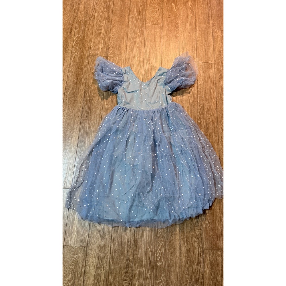 Girls Light Blue Tulle Star Moon Print Puff Sleeve Party Dress Celestial Sparkle